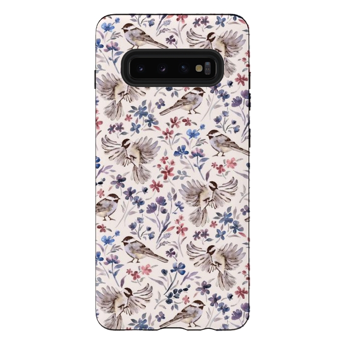 Galaxy S10 plus StrongFit Chickadees and Wildflowers on Cream by Micklyn Le Feuvre