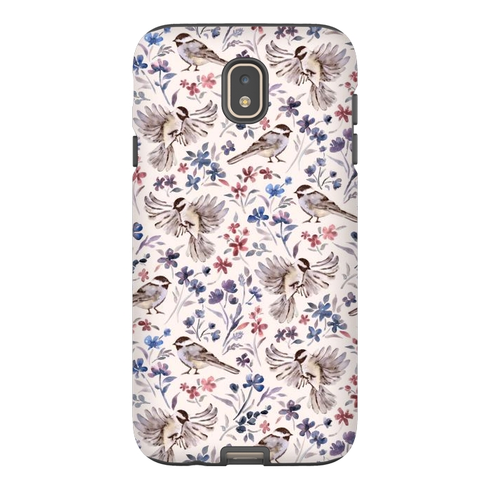 Galaxy J7 StrongFit Chickadees and Wildflowers on Cream by Micklyn Le Feuvre