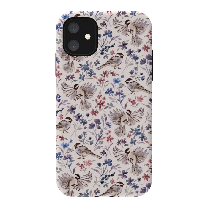 iPhone 11 StrongFit Chickadees and Wildflowers on Cream by Micklyn Le Feuvre