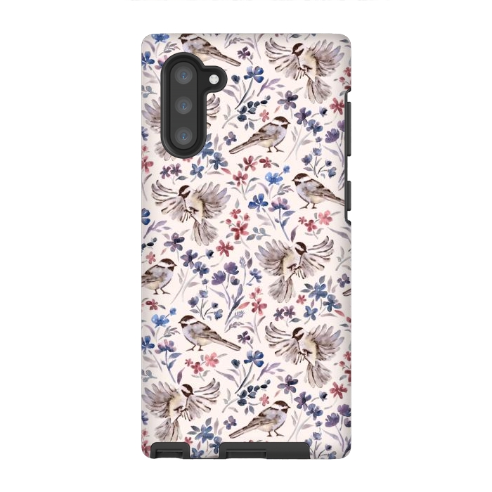 Galaxy Note 10 StrongFit Chickadees and Wildflowers on Cream by Micklyn Le Feuvre