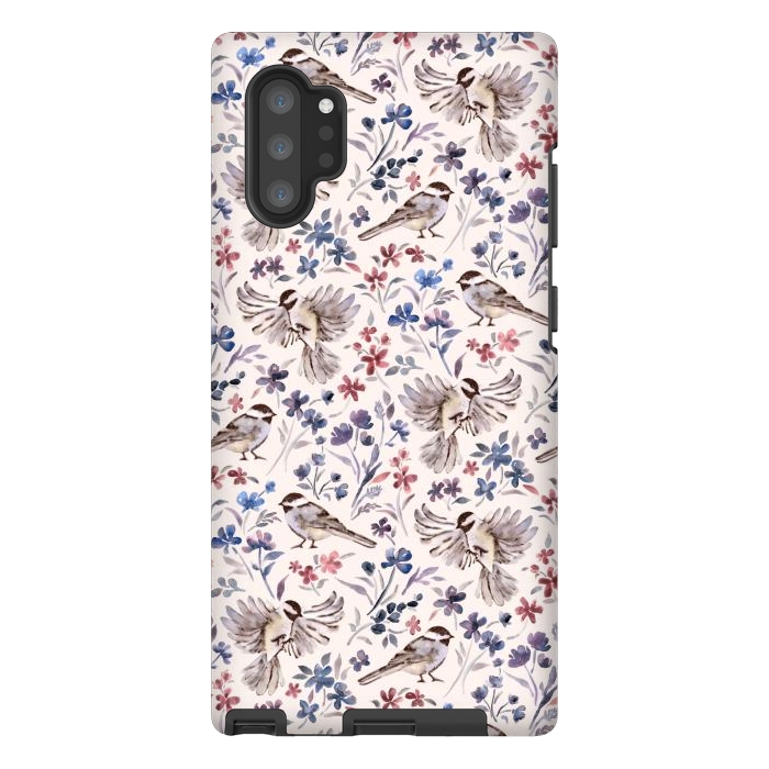 Galaxy Note 10 plus StrongFit Chickadees and Wildflowers on Cream by Micklyn Le Feuvre