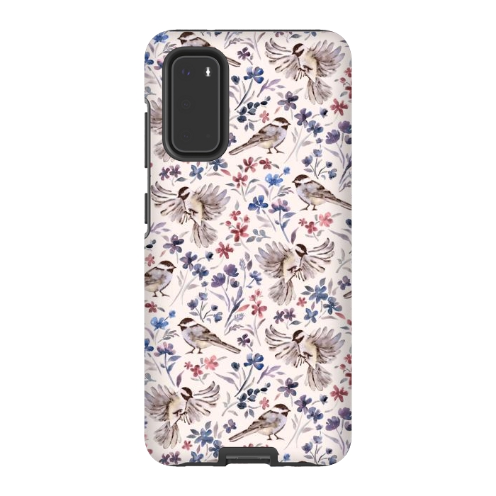 Galaxy S20 StrongFit Chickadees and Wildflowers on Cream by Micklyn Le Feuvre