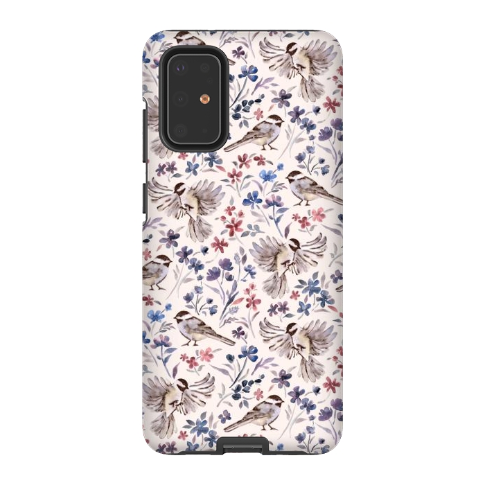 Galaxy S20 Plus StrongFit Chickadees and Wildflowers on Cream by Micklyn Le Feuvre