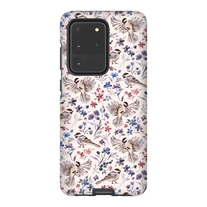 Galaxy S20 Ultra StrongFit Chickadees and Wildflowers on Cream by Micklyn Le Feuvre