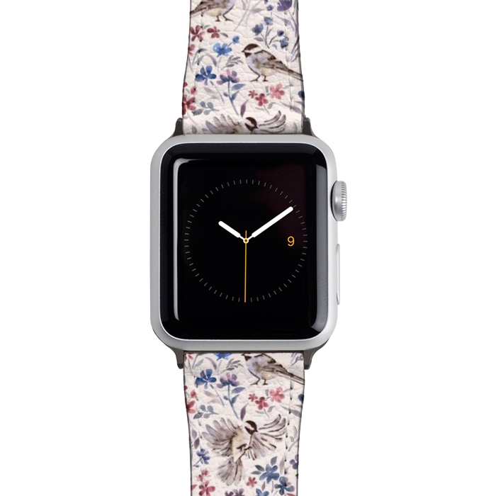 Watch 42mm / 44mm Strap PU leather Chickadees and Wildflowers on Cream by Micklyn Le Feuvre