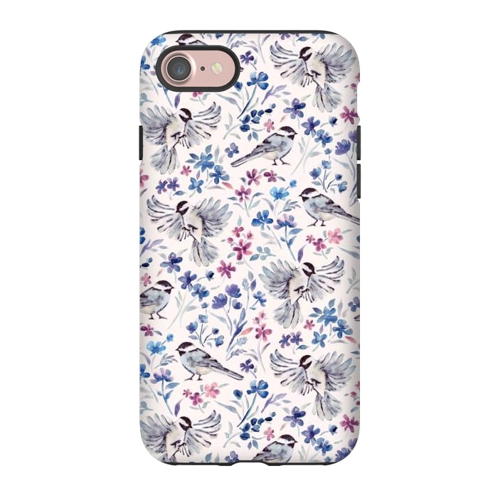 iPhone 7 StrongFit Chickadees and Wildflowers in lavender blues on cream by Micklyn Le Feuvre
