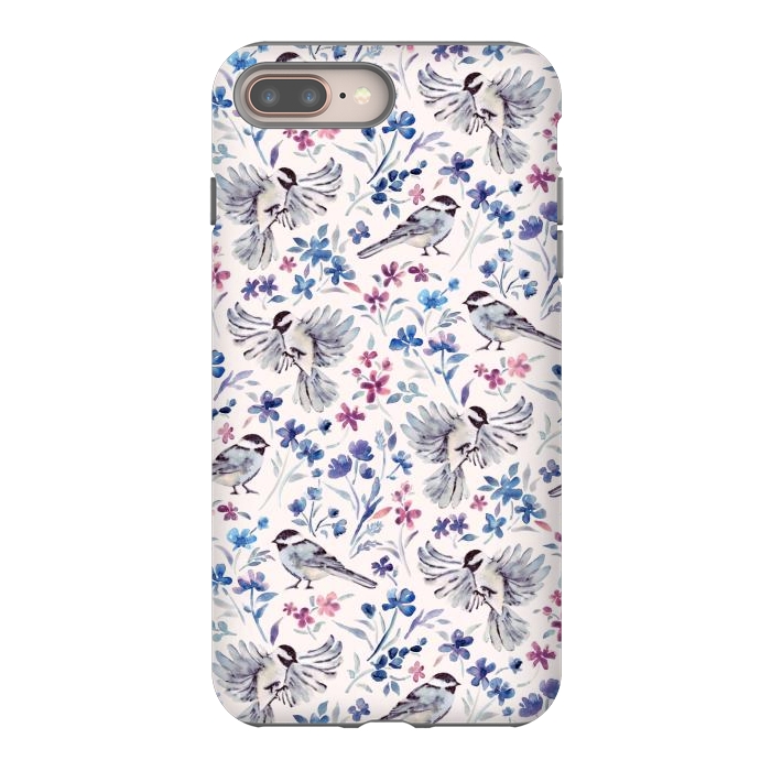 iPhone 7 plus StrongFit Chickadees and Wildflowers in lavender blues on cream by Micklyn Le Feuvre