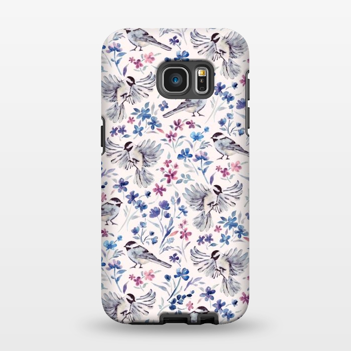 Galaxy S7 EDGE StrongFit Chickadees and Wildflowers in lavender blues on cream by Micklyn Le Feuvre
