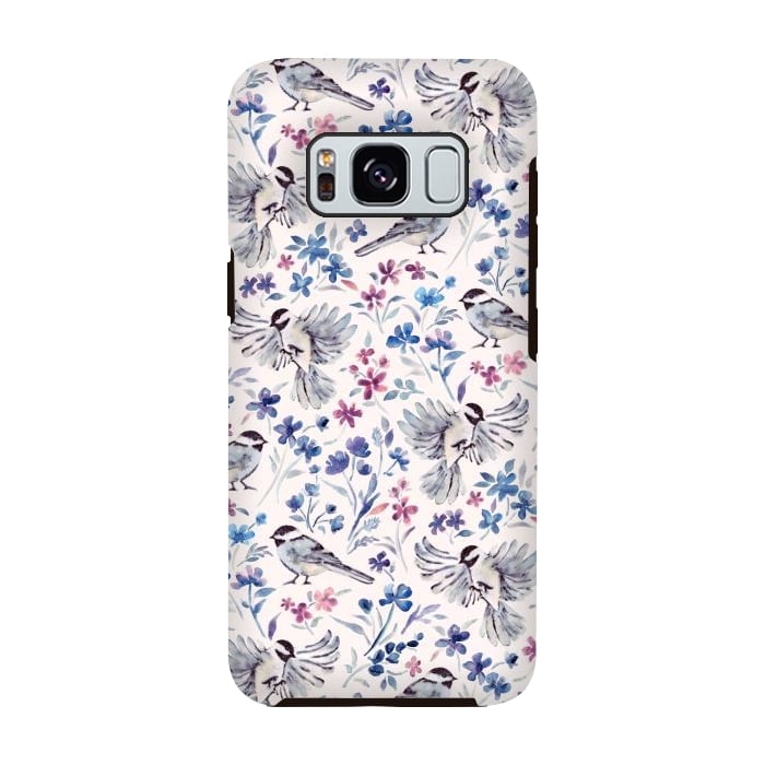 Galaxy S8 StrongFit Chickadees and Wildflowers in lavender blues on cream by Micklyn Le Feuvre