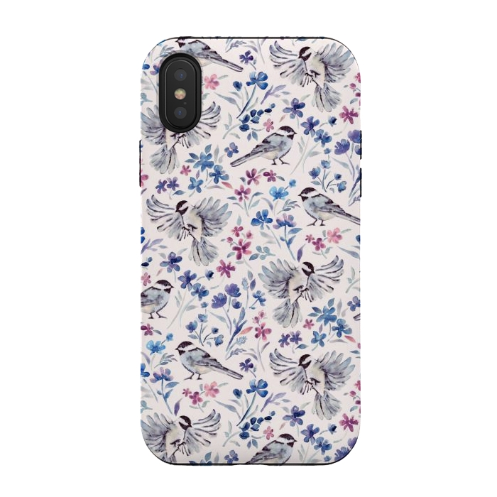 iPhone Xs / X StrongFit Chickadees and Wildflowers in lavender blues on cream by Micklyn Le Feuvre