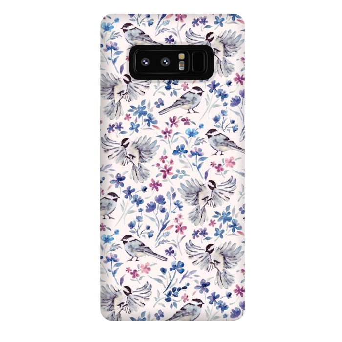 Galaxy Note 8 StrongFit Chickadees and Wildflowers in lavender blues on cream by Micklyn Le Feuvre