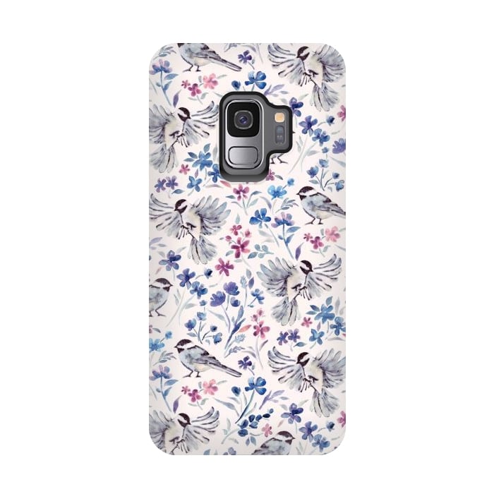 Galaxy S9 StrongFit Chickadees and Wildflowers in lavender blues on cream by Micklyn Le Feuvre