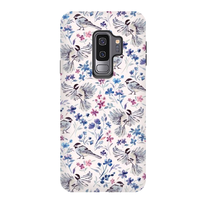 Galaxy S9 plus StrongFit Chickadees and Wildflowers in lavender blues on cream by Micklyn Le Feuvre