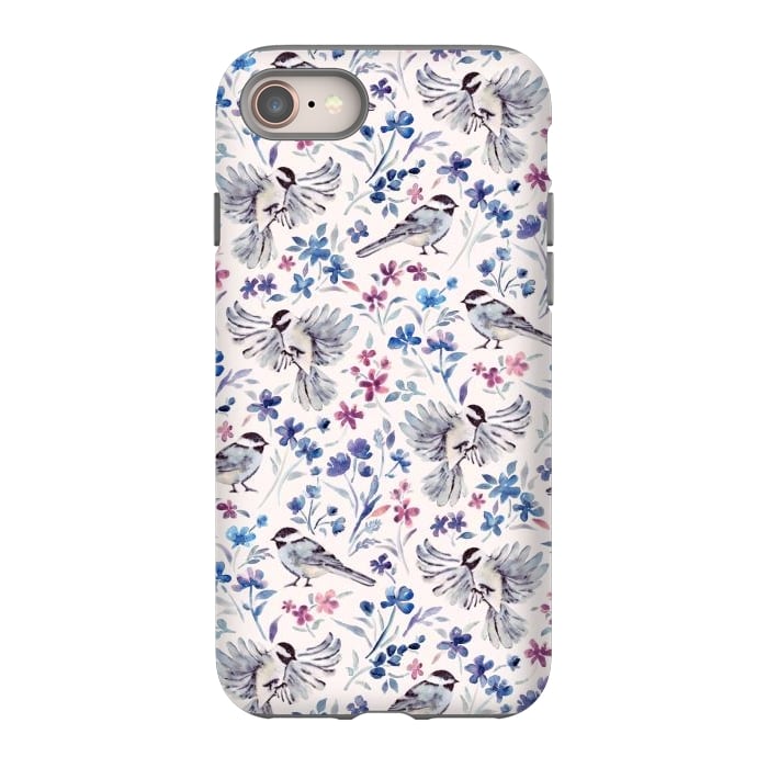 iPhone 8 StrongFit Chickadees and Wildflowers in lavender blues on cream by Micklyn Le Feuvre