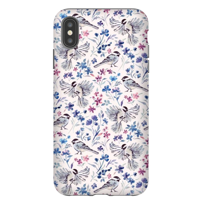 iPhone Xs Max StrongFit Chickadees and Wildflowers in lavender blues on cream by Micklyn Le Feuvre