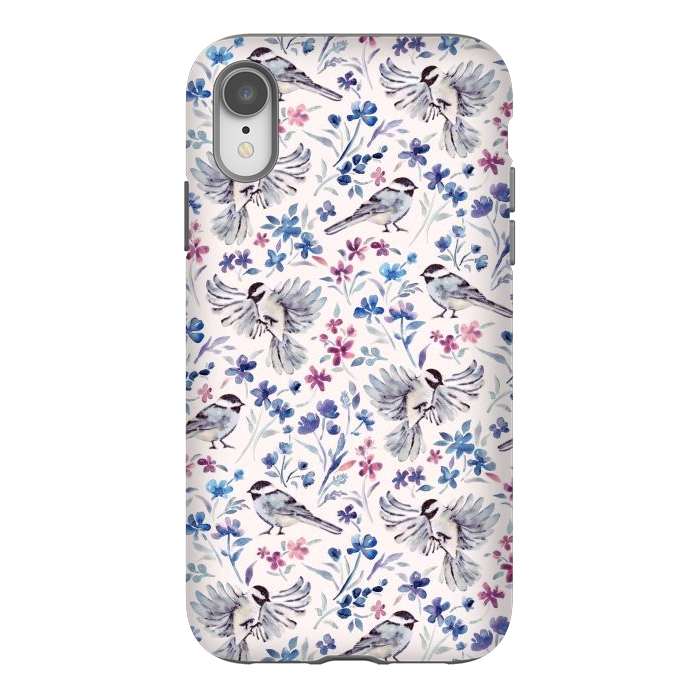 iPhone Xr StrongFit Chickadees and Wildflowers in lavender blues on cream by Micklyn Le Feuvre