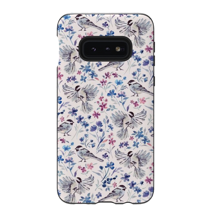 Galaxy S10e StrongFit Chickadees and Wildflowers in lavender blues on cream by Micklyn Le Feuvre