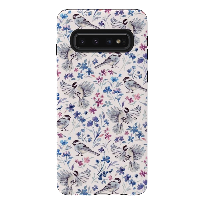 Galaxy S10 StrongFit Chickadees and Wildflowers in lavender blues on cream by Micklyn Le Feuvre