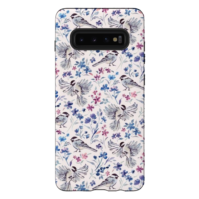 Galaxy S10 plus StrongFit Chickadees and Wildflowers in lavender blues on cream by Micklyn Le Feuvre