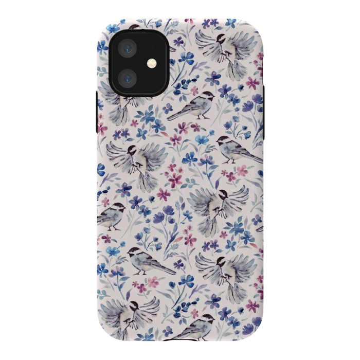 iPhone 11 StrongFit Chickadees and Wildflowers in lavender blues on cream by Micklyn Le Feuvre