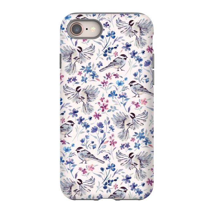 iPhone SE StrongFit Chickadees and Wildflowers in lavender blues on cream by Micklyn Le Feuvre