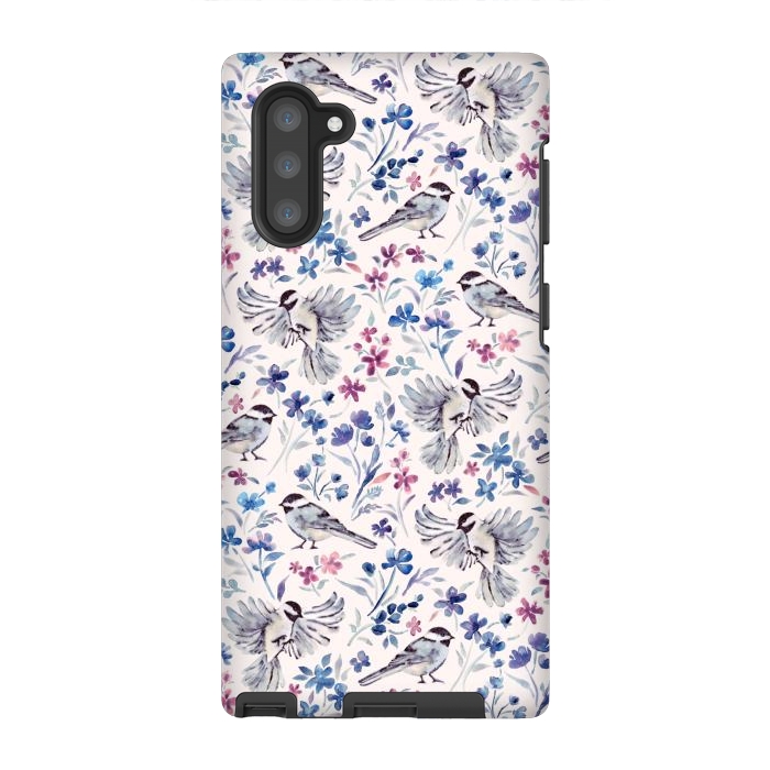 Galaxy Note 10 StrongFit Chickadees and Wildflowers in lavender blues on cream by Micklyn Le Feuvre