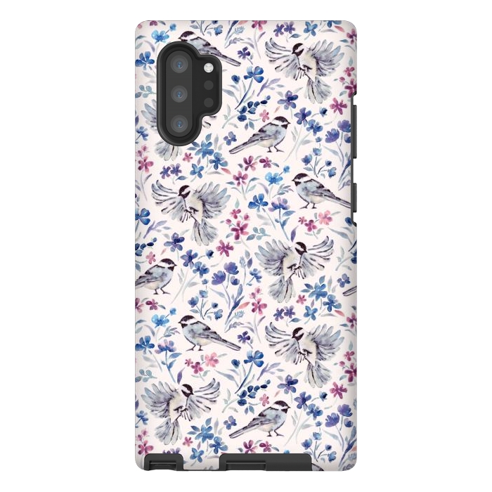 Galaxy Note 10 plus StrongFit Chickadees and Wildflowers in lavender blues on cream by Micklyn Le Feuvre
