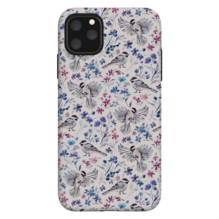 iPhone 11 Pro Max StrongFit Chickadees and Wildflowers in lavender blues on cream by Micklyn Le Feuvre