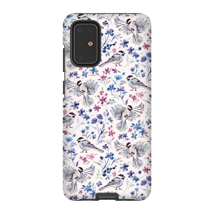 Galaxy S20 Plus StrongFit Chickadees and Wildflowers in lavender blues on cream by Micklyn Le Feuvre