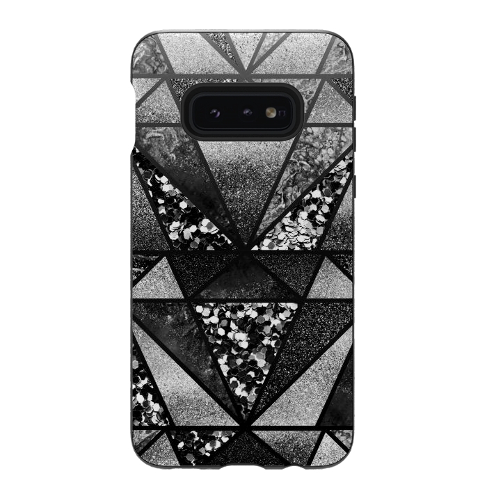 Galaxy S10e StrongFit Black and silver glitter sparkle triangles by Oana 