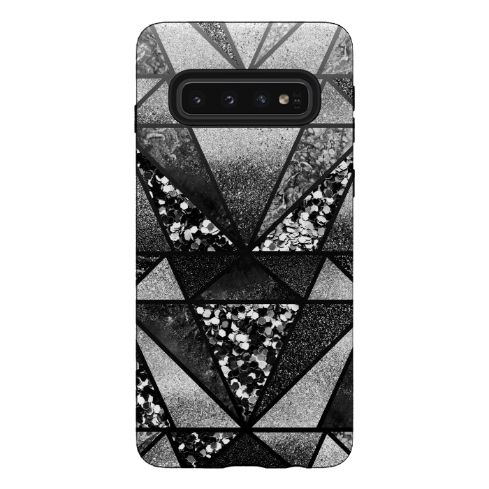 Galaxy S10 StrongFit Black and silver glitter sparkle triangles by Oana 