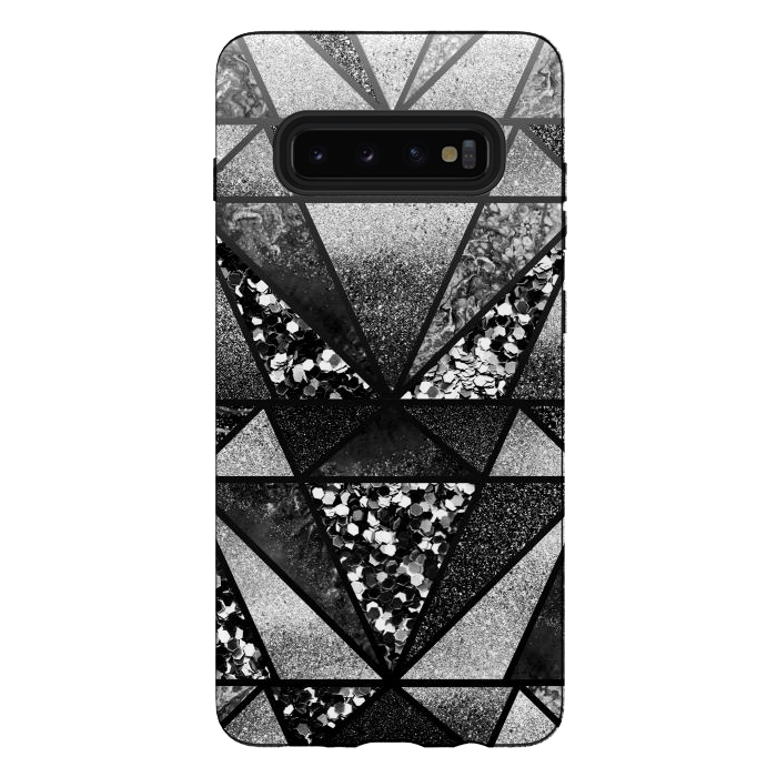 Galaxy S10 plus StrongFit Black and silver glitter sparkle triangles by Oana 