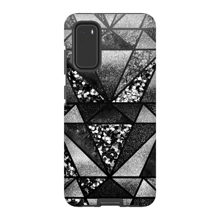 Galaxy S20 StrongFit Black and silver glitter sparkle triangles by Oana 