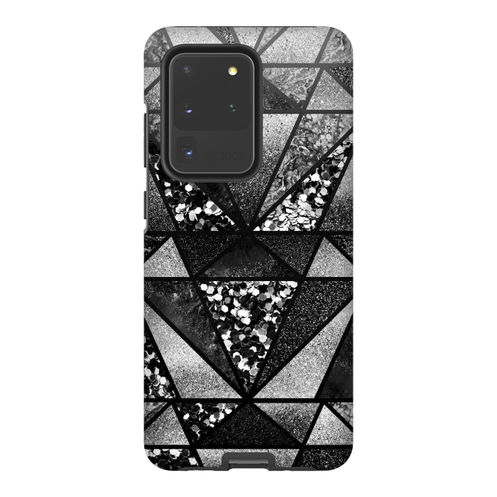 Galaxy S20 Ultra StrongFit Black and silver glitter sparkle triangles by Oana 