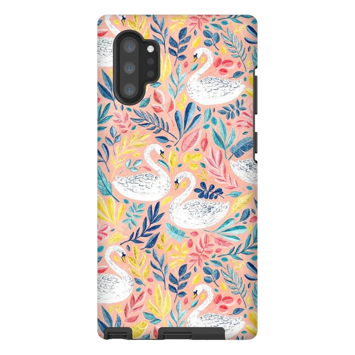 Galaxy Note 10 plus StrongFit Whimsical White Swans and Colorful Leaves on Pale Peach Pink by Micklyn Le Feuvre