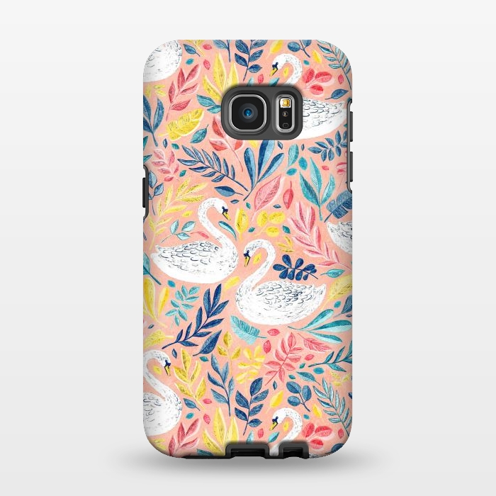 Galaxy S7 EDGE StrongFit Whimsical White Swans and Colorful Leaves on Pale Peach Pink by Micklyn Le Feuvre