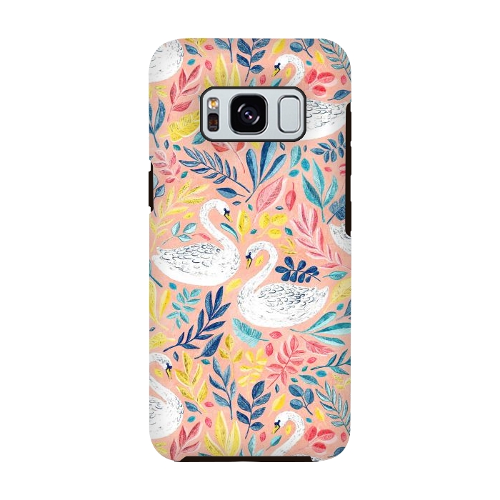 Galaxy S8 StrongFit Whimsical White Swans and Colorful Leaves on Pale Peach Pink by Micklyn Le Feuvre
