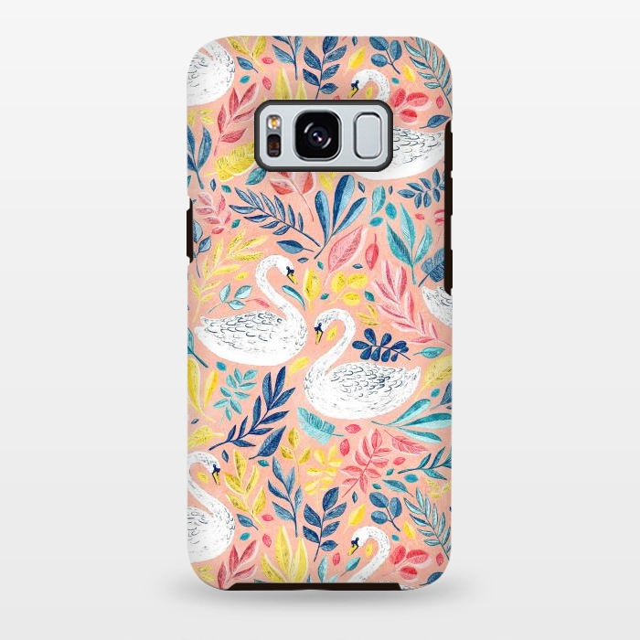 Galaxy S8 plus StrongFit Whimsical White Swans and Colorful Leaves on Pale Peach Pink by Micklyn Le Feuvre