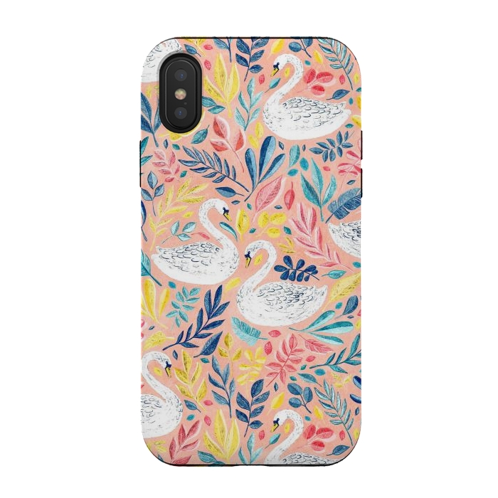 iPhone Xs / X StrongFit Whimsical White Swans and Colorful Leaves on Pale Peach Pink by Micklyn Le Feuvre
