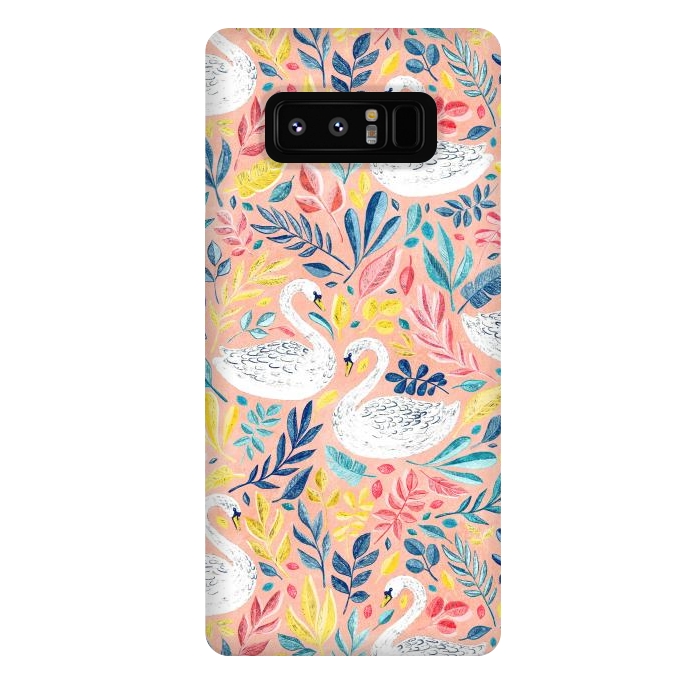 Galaxy Note 8 StrongFit Whimsical White Swans and Colorful Leaves on Pale Peach Pink by Micklyn Le Feuvre