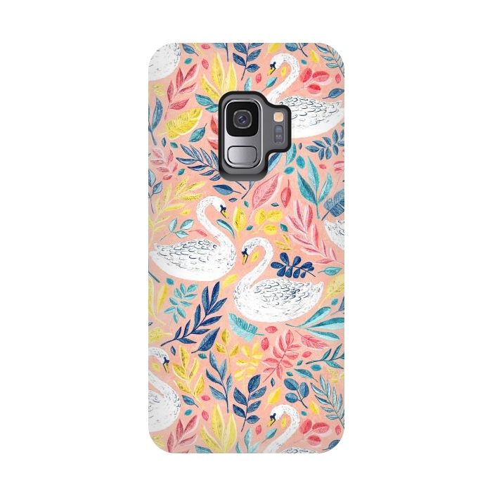 Galaxy S9 StrongFit Whimsical White Swans and Colorful Leaves on Pale Peach Pink by Micklyn Le Feuvre