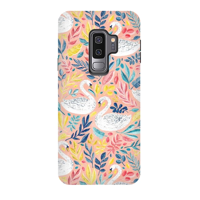 Galaxy S9 plus StrongFit Whimsical White Swans and Colorful Leaves on Pale Peach Pink by Micklyn Le Feuvre
