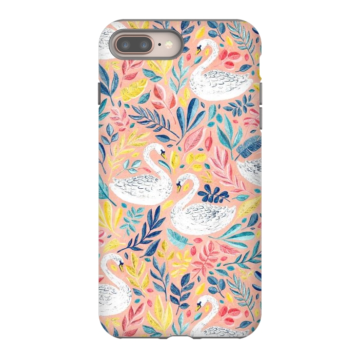 iPhone 8 plus StrongFit Whimsical White Swans and Colorful Leaves on Pale Peach Pink by Micklyn Le Feuvre