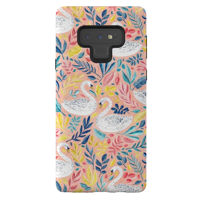 Galaxy Note 9 StrongFit Whimsical White Swans and Colorful Leaves on Pale Peach Pink by Micklyn Le Feuvre