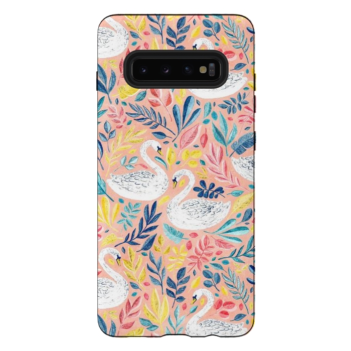 Galaxy S10 plus StrongFit Whimsical White Swans and Colorful Leaves on Pale Peach Pink by Micklyn Le Feuvre