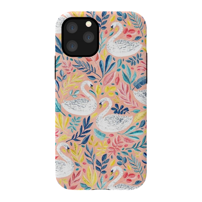 iPhone 11 Pro StrongFit Whimsical White Swans and Colorful Leaves on Pale Peach Pink by Micklyn Le Feuvre