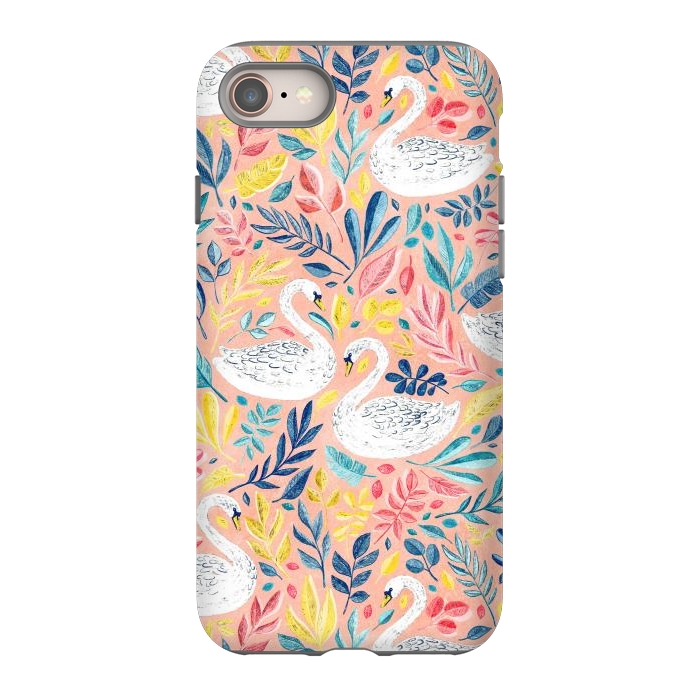 iPhone SE StrongFit Whimsical White Swans and Colorful Leaves on Pale Peach Pink by Micklyn Le Feuvre