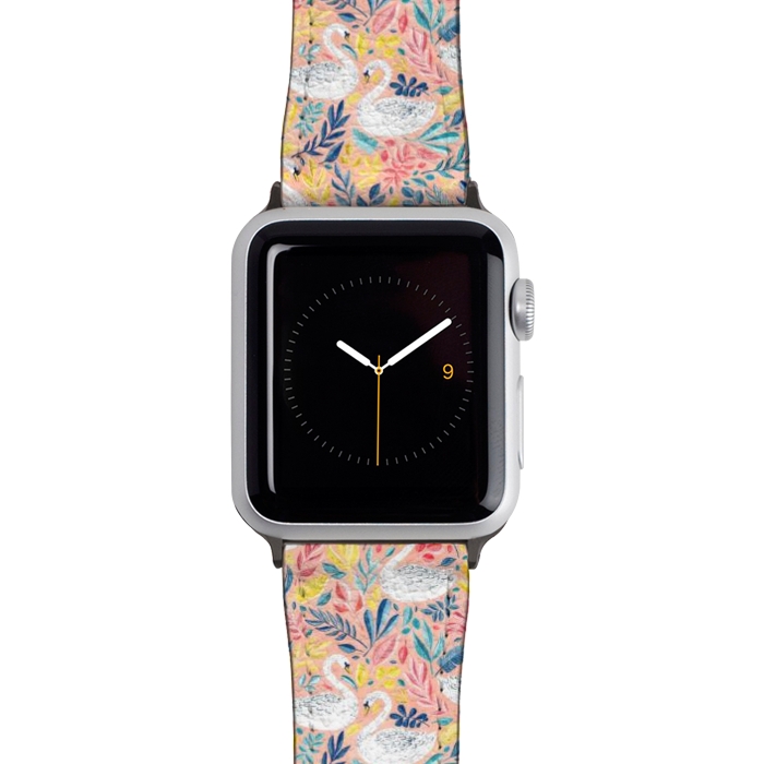Watch 42mm / 44mm Strap PU leather Whimsical White Swans and Colorful Leaves on Pale Peach Pink by Micklyn Le Feuvre