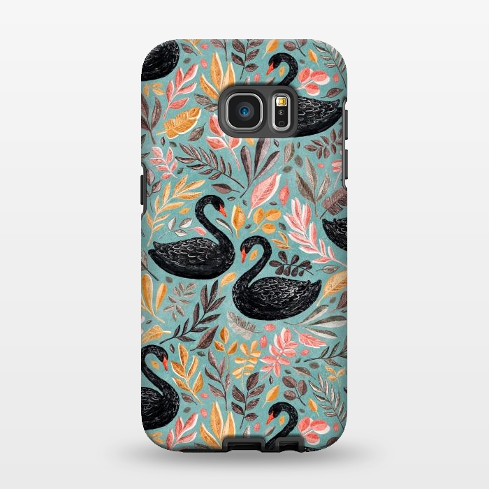 Galaxy S7 EDGE StrongFit Bonny Black Swans with Autumn Leaves on Sage by Micklyn Le Feuvre