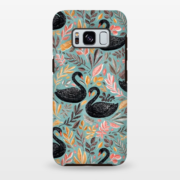 Galaxy S8 plus StrongFit Bonny Black Swans with Autumn Leaves on Sage by Micklyn Le Feuvre